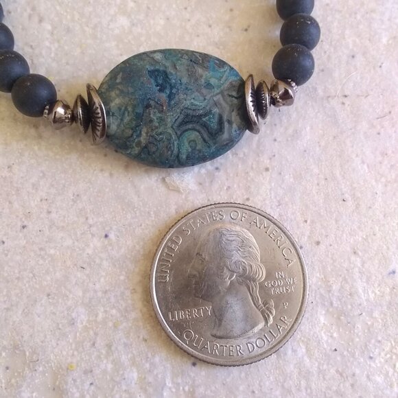 Blue Gray & Black - Crazy Lace Agate + Cross Bracelet - 6-6.5" Wrists ~ Faith! - Picture 2 of 8